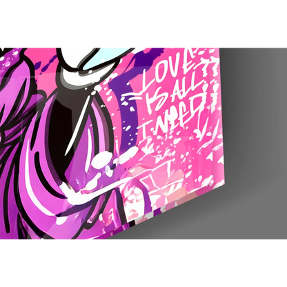 Vibrant pink purple graffiti glass wall art with love is all i need text