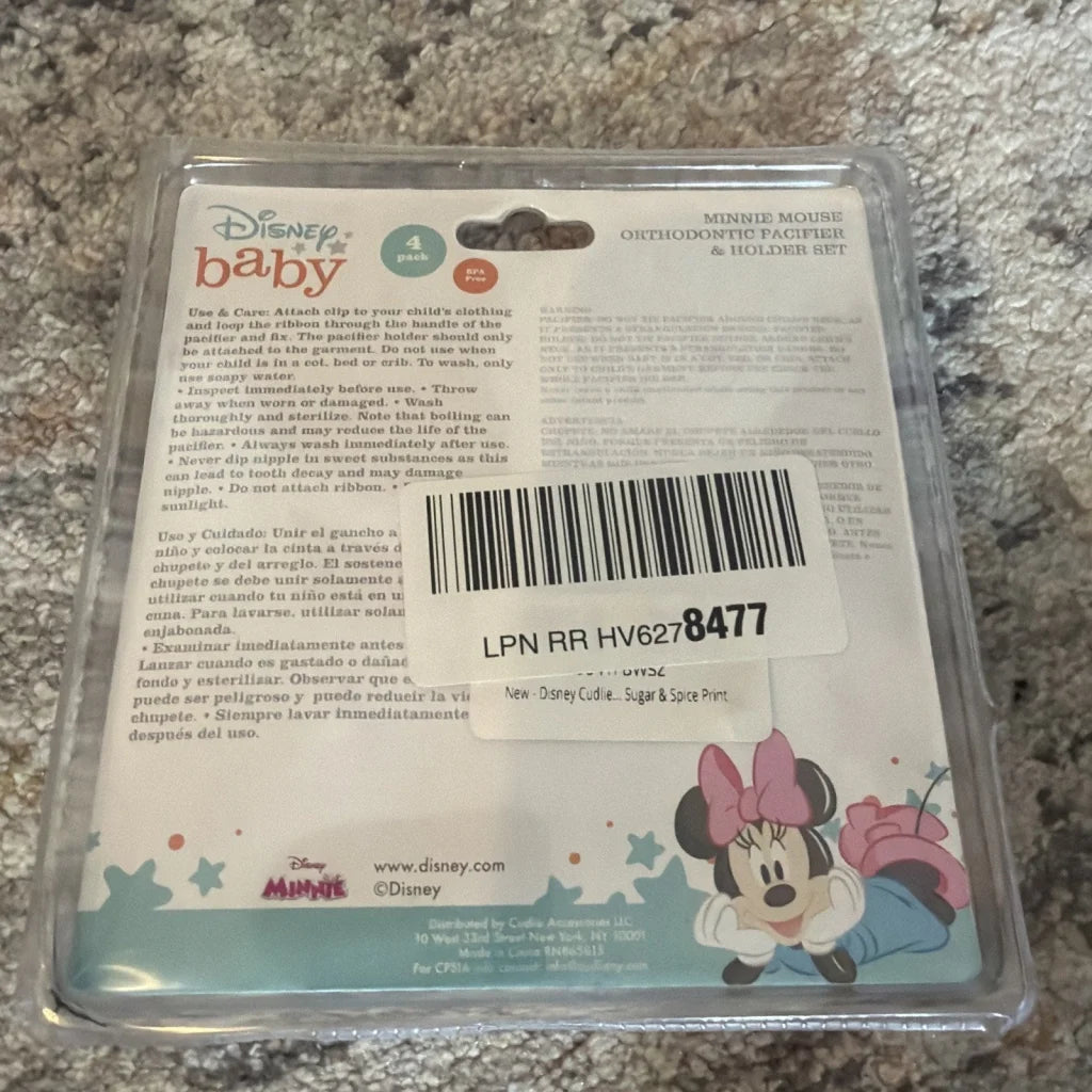 Minnie Mouse pacifiers set with 2 orthodontic pacifiers, clips, pink bow in clear package