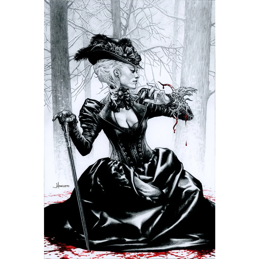 Blonde woman in black Victorian dress with grotesque creature for Mirka Andolfo Mercy comic