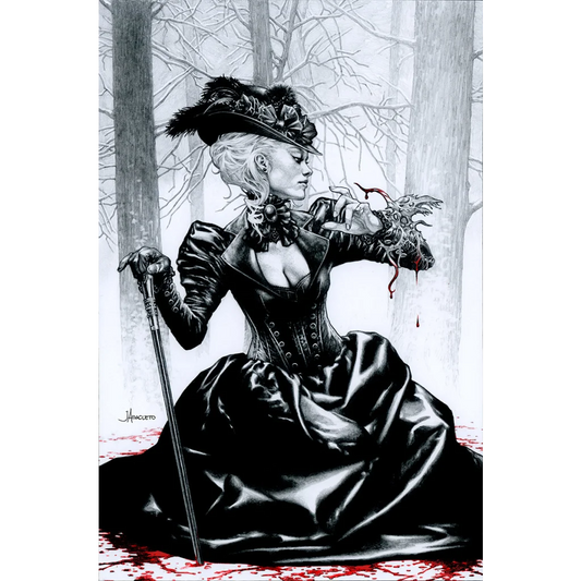 Blonde woman in black Victorian dress with grotesque creature for Mirka Andolfo Mercy comic