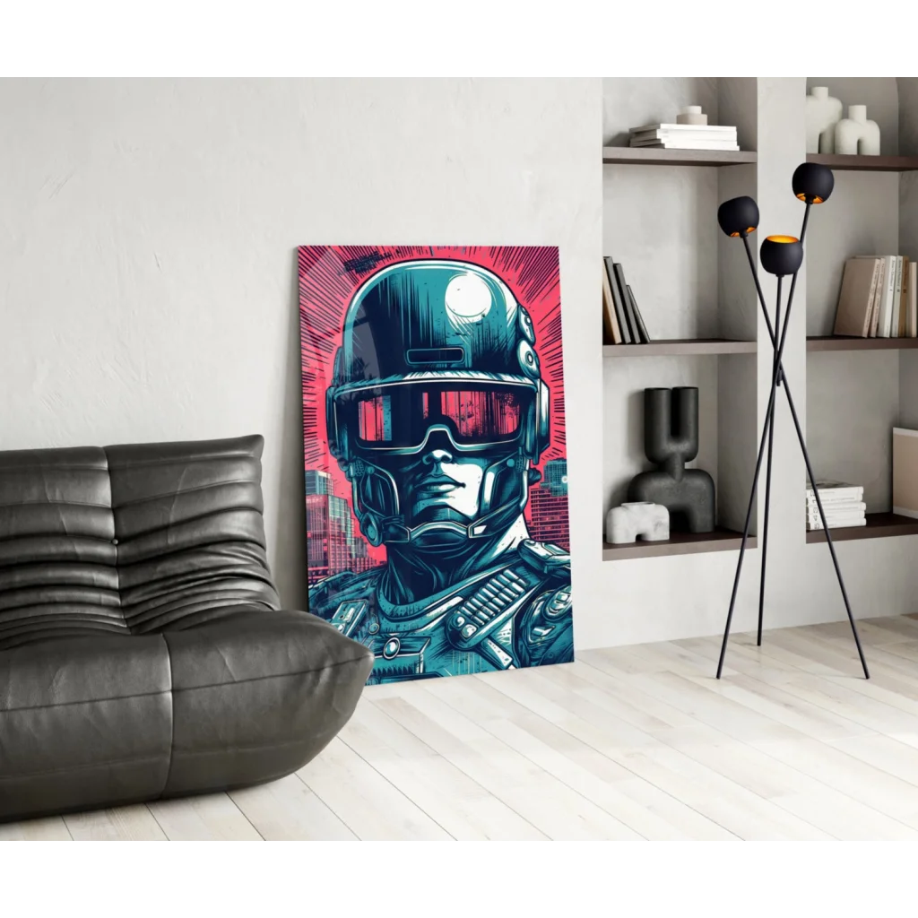 Futuristic cyberpunk soldier glass wall art canvas print