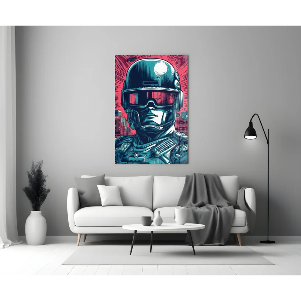 Futuristic cyberpunk soldier glass wall art canvas print in vibrant pop-art style