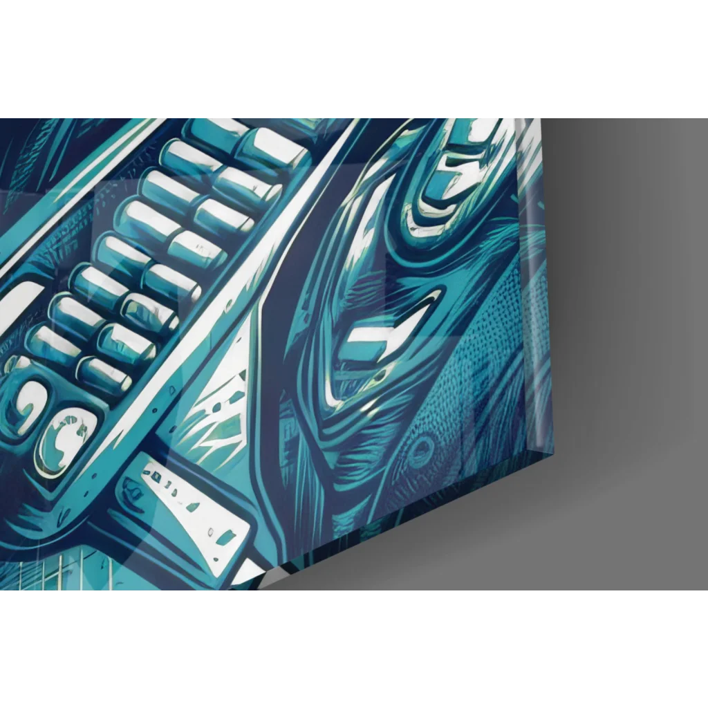 Futuristic cyberpunk soldier glass wall art on glossy teal acrylic canvas
