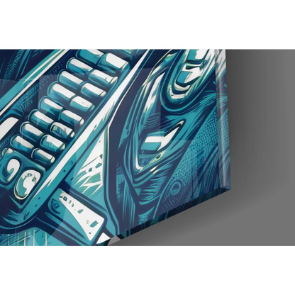 Futuristic cyberpunk soldier glass wall art on glossy teal acrylic canvas