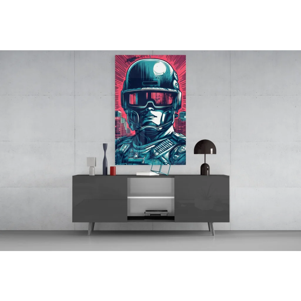 Teal and red cyberpunk soldier glass wall art canvas print on vibrant pink background