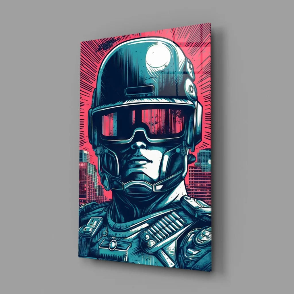 Vibrant pop-art cyberpunk soldier glass wall art canvas print