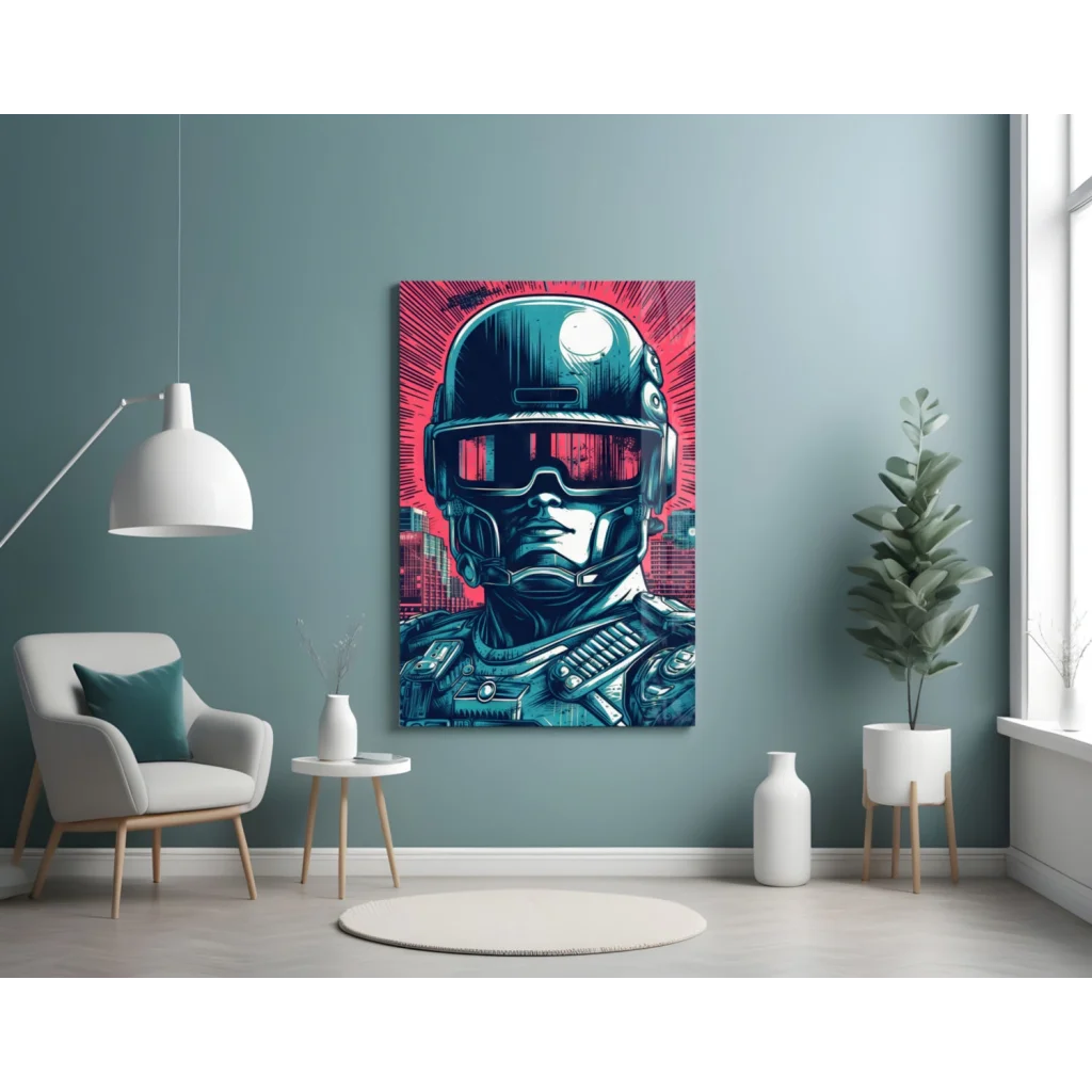 Vibrant teal red cyberpunk soldier glass wall art canvas print