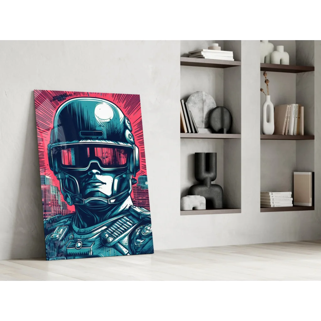 Futuristic cyberpunk soldier glass wall art canvas print