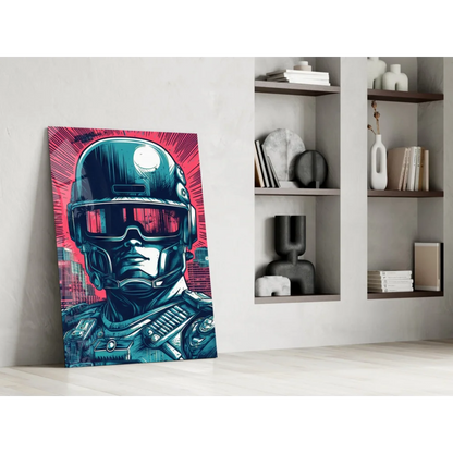 Futuristic cyberpunk soldier glass wall art canvas print