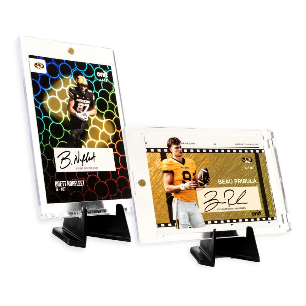 Gold Missouri football trading card in clear holder, single pack 2025