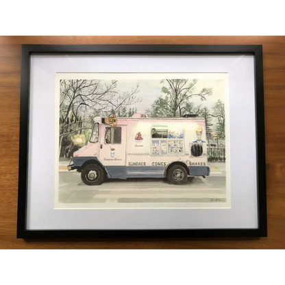 Pink Mister Softee ice cream truck art with white border