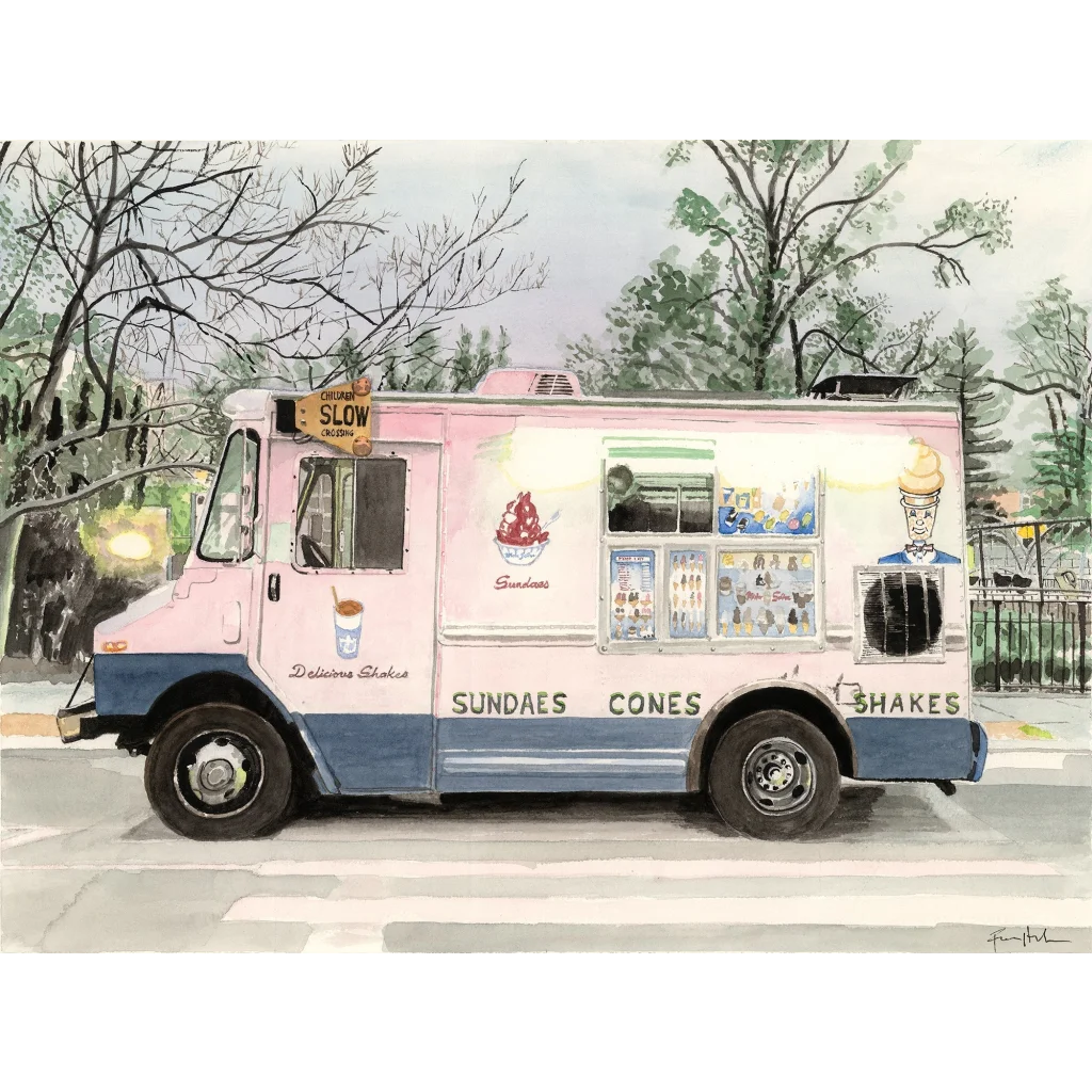 Vintage Mister Softee pink ice cream truck art with blue accents and white border