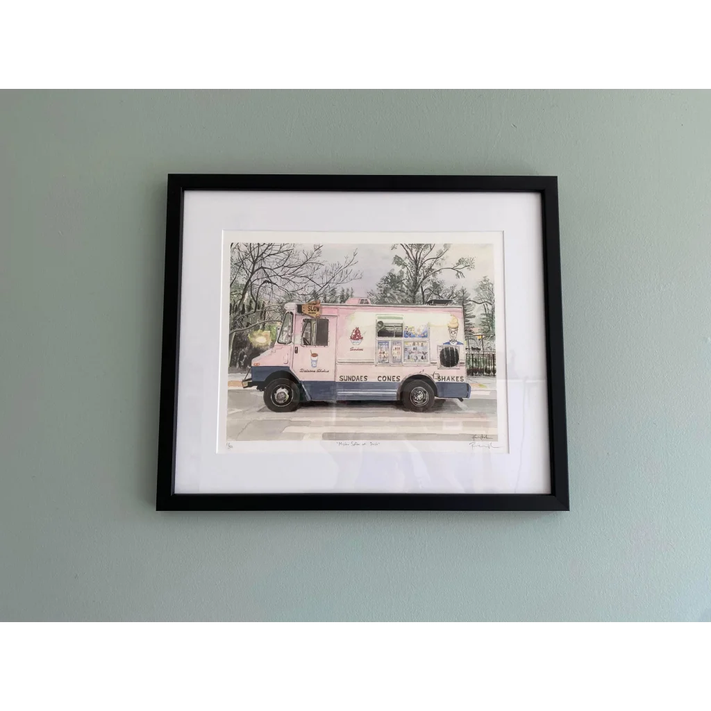Mister Softee pink ice cream truck art in black frame with white border