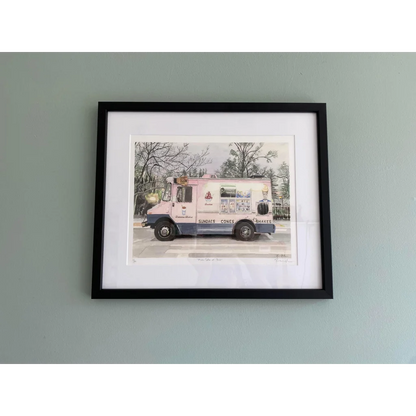 Mister Softee pink ice cream truck art in black frame with white border