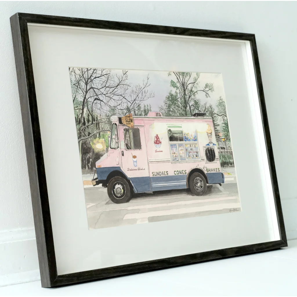 Mister Softee pink ice cream truck art in black frame with white border
