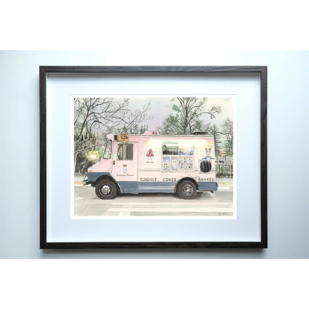 Mister Softee pink ice cream truck drawing with white border