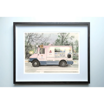 Mister Softee pink ice cream truck drawing with white border