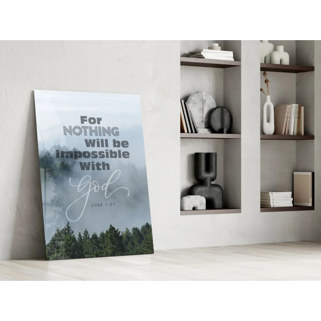 Misty Forest Faith glass wall art with Luke Bible verse quote