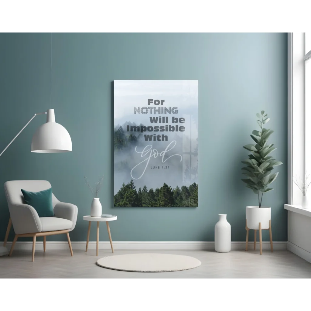 Misty Forest Faith glass wall art with Luke Bible verse on canvas
