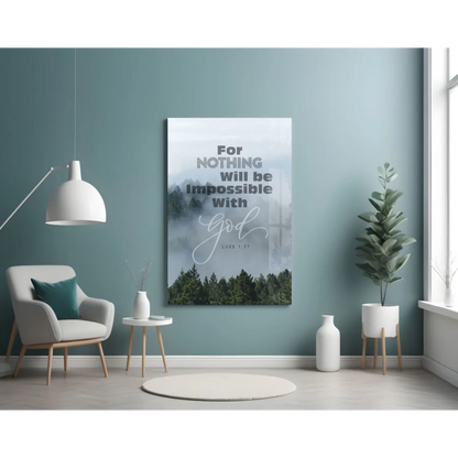 Misty Forest Faith glass wall art with Luke Bible verse on canvas