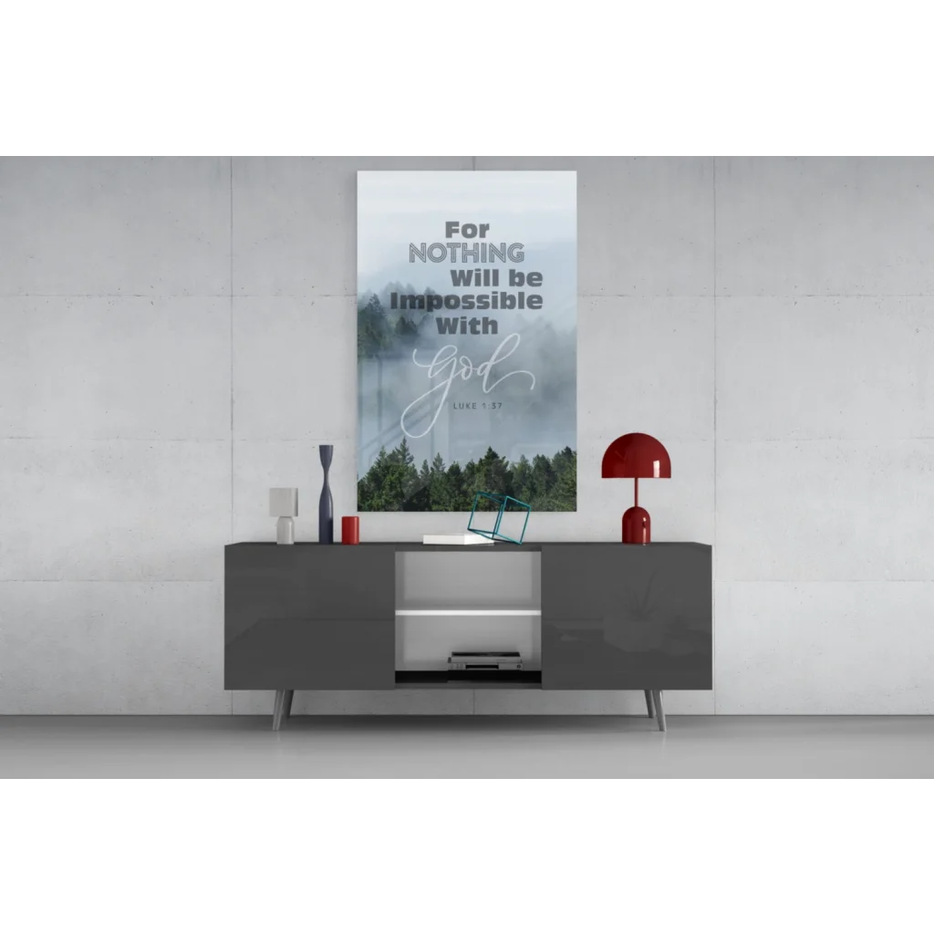 Minimalist gray console table with red lamp and Misty Forest Faith glass wall art