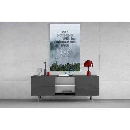 Minimalist gray console table with red lamp and Misty Forest Faith glass wall art
