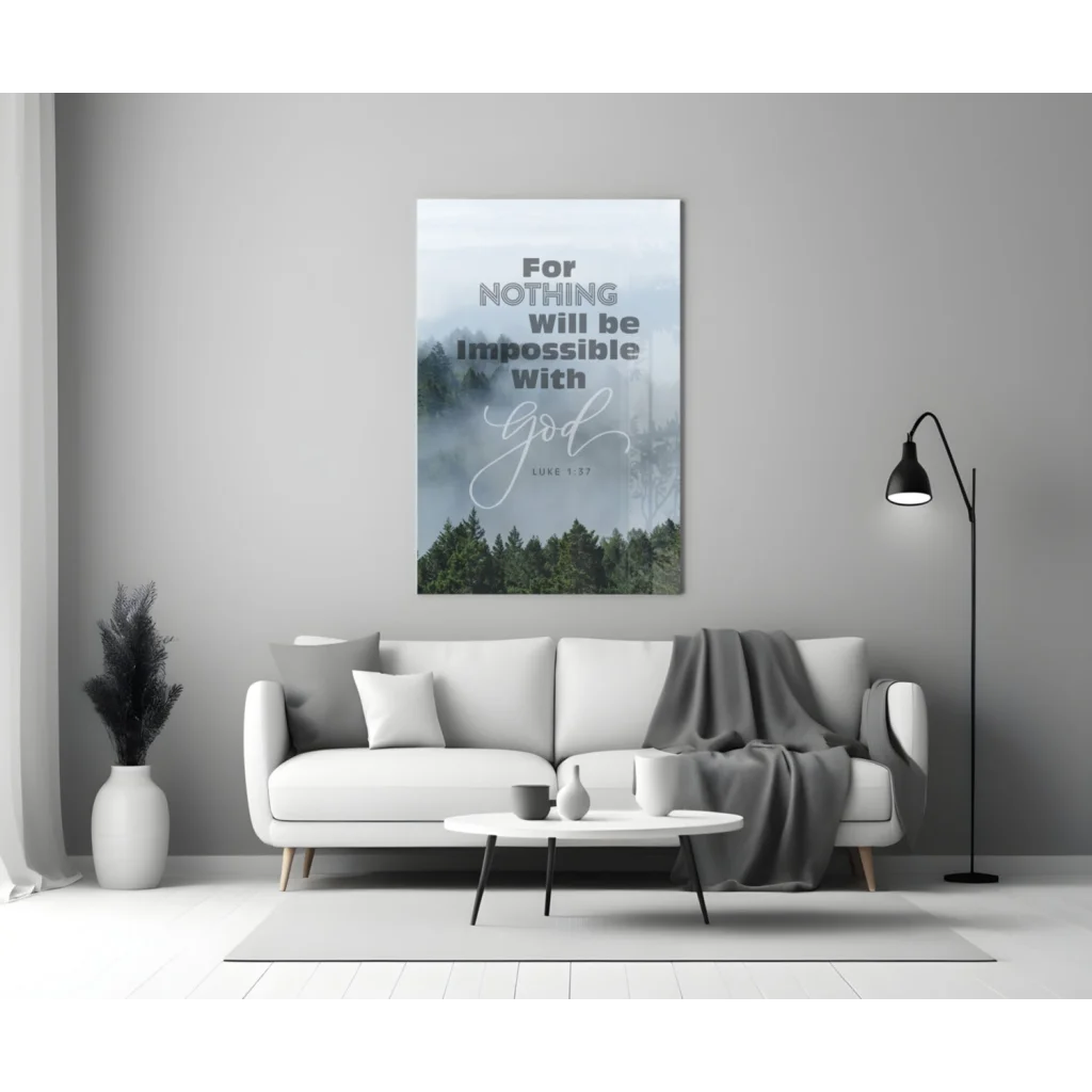 Misty Forest Faith glass wall art with Luke Bible verse quote