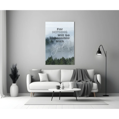 Misty Forest Faith glass wall art with Luke Bible verse quote