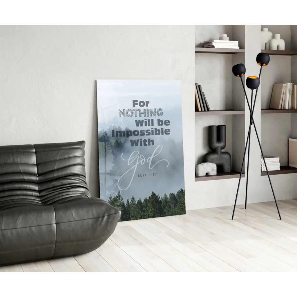 Misty Forest Faith glass wall art with Luke Bible verse quote