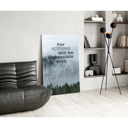 Misty Forest Faith glass wall art with Luke Bible verse quote