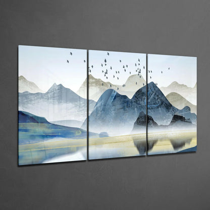 Three-panel misty mountain wall art canvas with flying birds