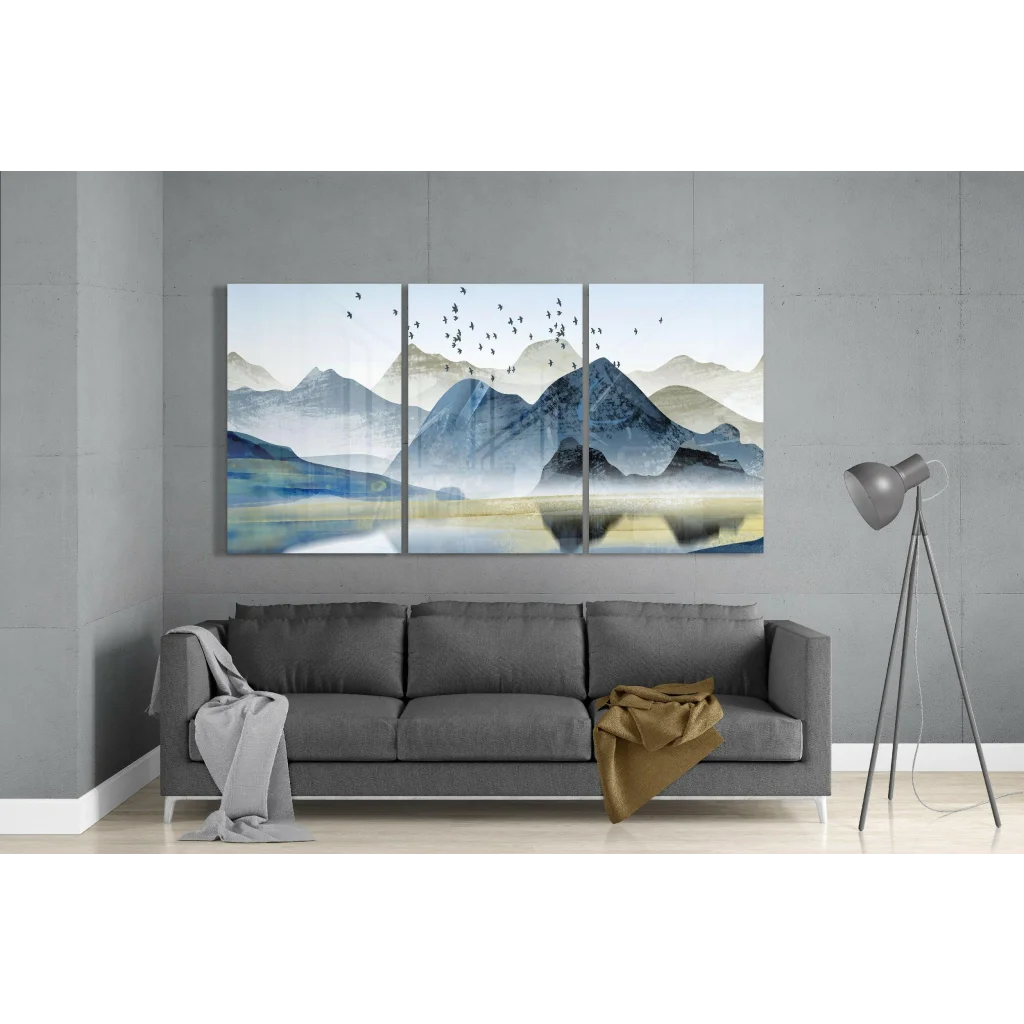 Three-panel misty mountain wall art canvas with flying birds