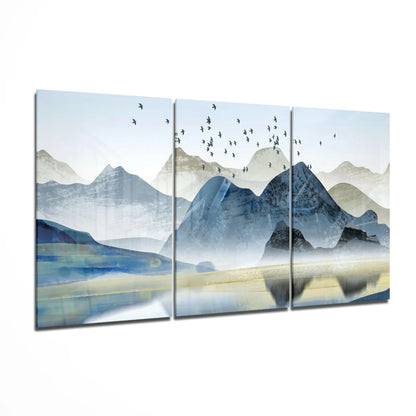 Three-panel misty mountain canvas wall art with flying birds
