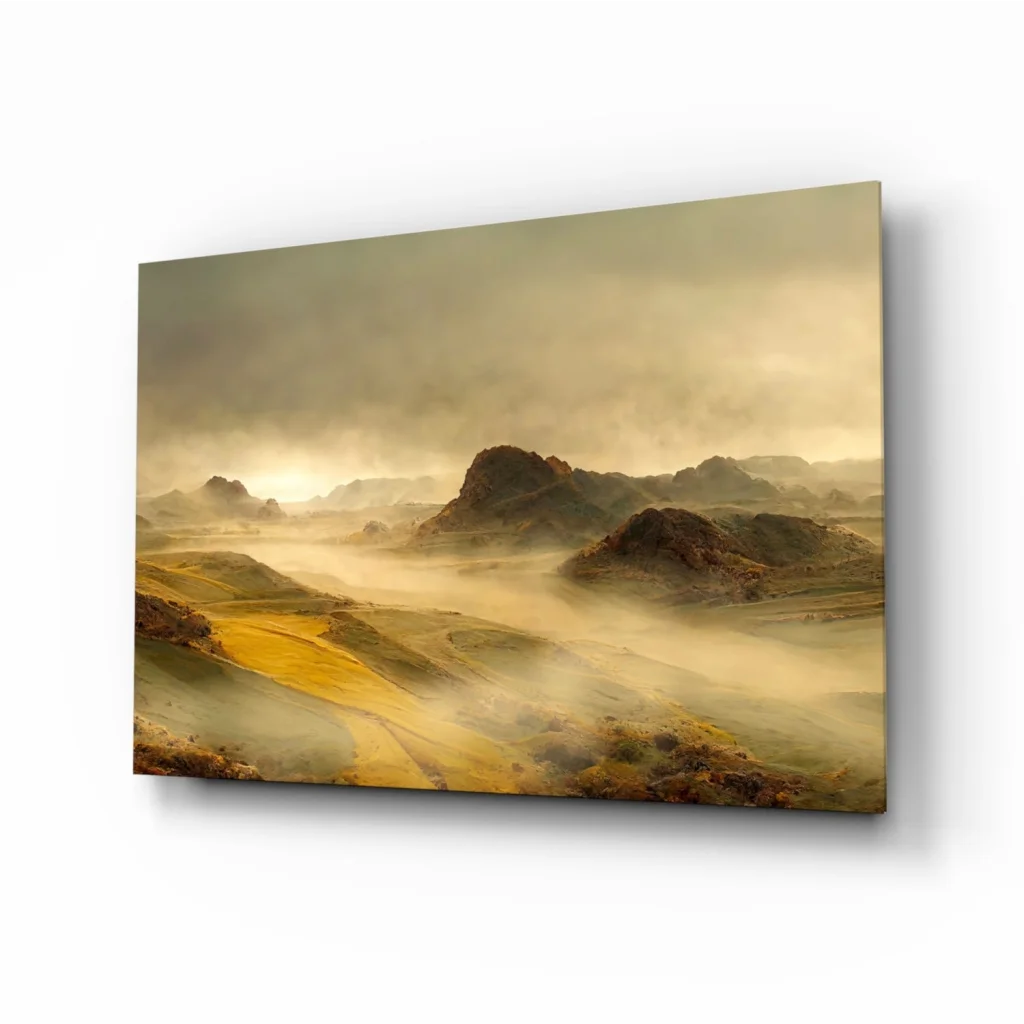 Golden desert wall art print with misty mountains in warm tones
