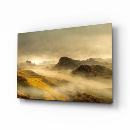 Golden desert wall art print with misty mountains in warm tones