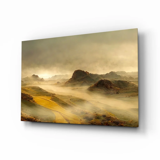 Golden desert wall art print with misty mountains in warm tones