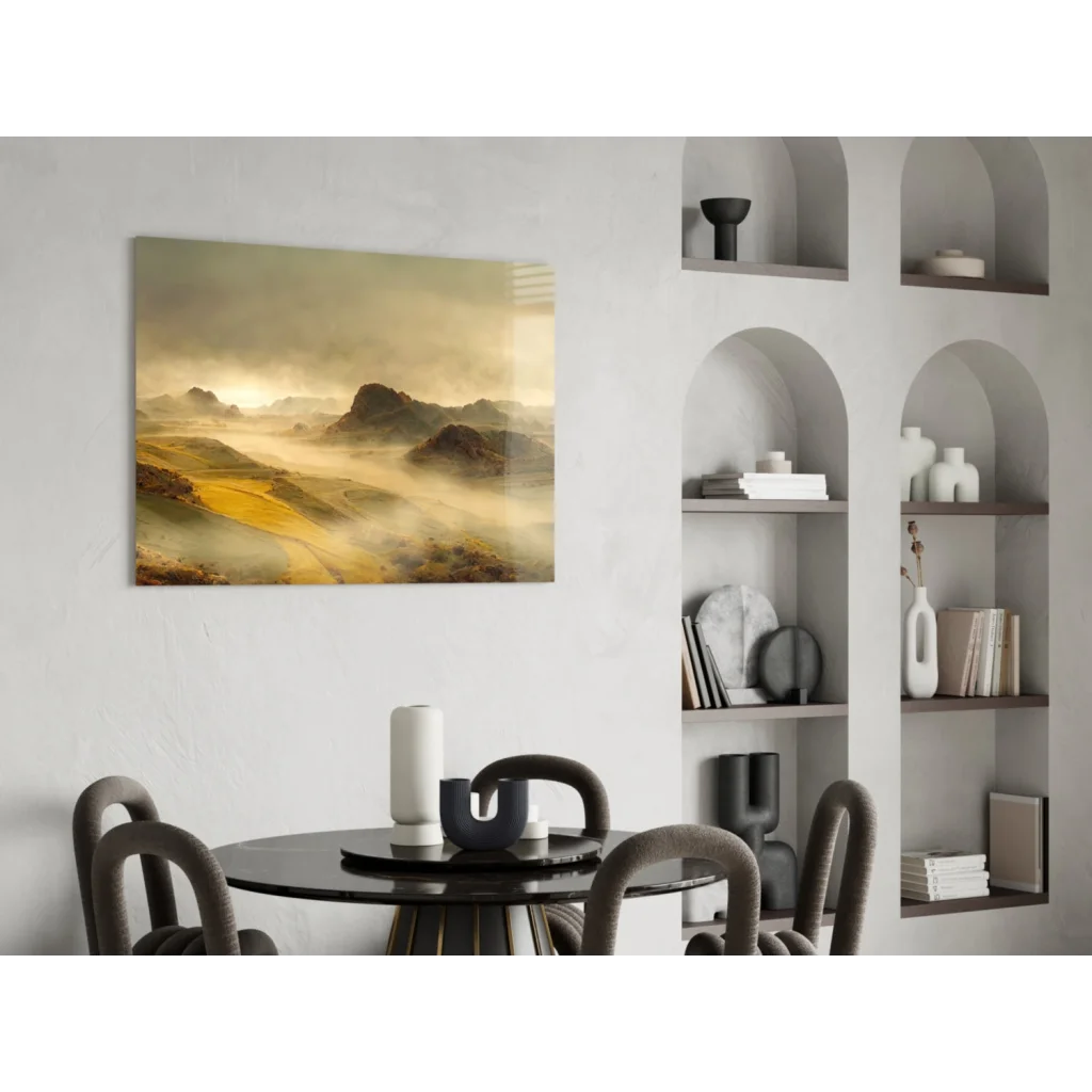 Modern black round dining table in Misty Mountain Desert Landscape wall art