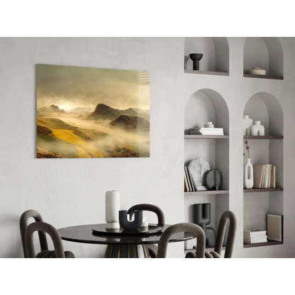 Modern black round dining table in Misty Mountain Desert Landscape wall art