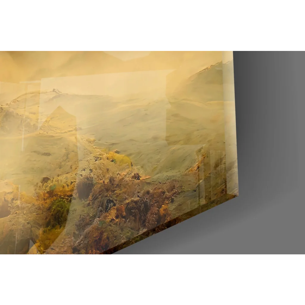 Gold textured canvas wall art of misty mountain desert landscape