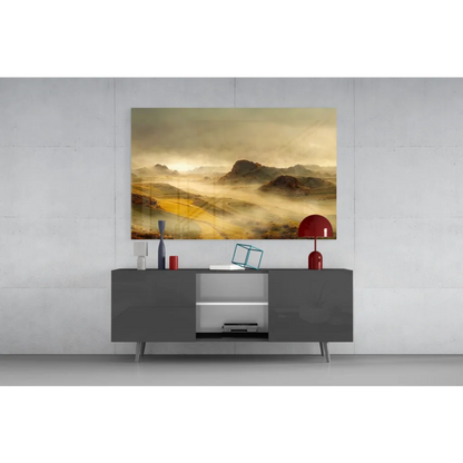 Modern gray sideboard with sleek legs and wall art storage