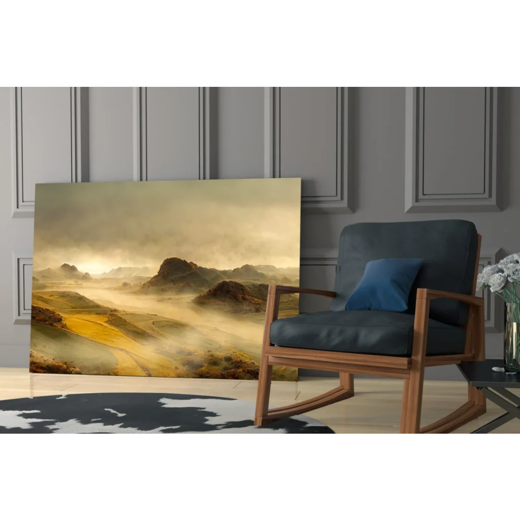 Misty Mountain desert landscape canvas wall art print in golden hues