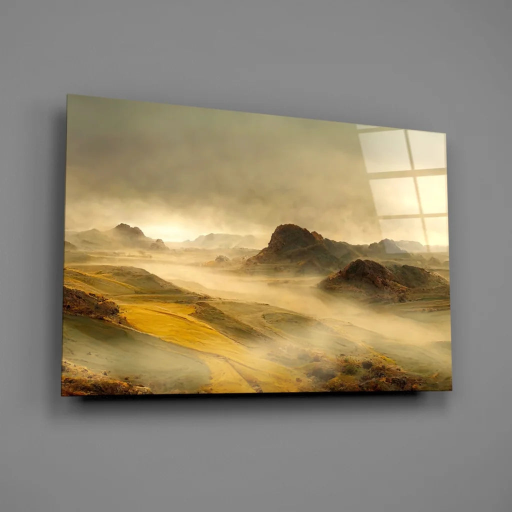 Misty Mountain desert landscape canvas wall art print with misty golden green hues