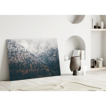 Misty Mountain Forest glass wall art print of misty peaks and green woods