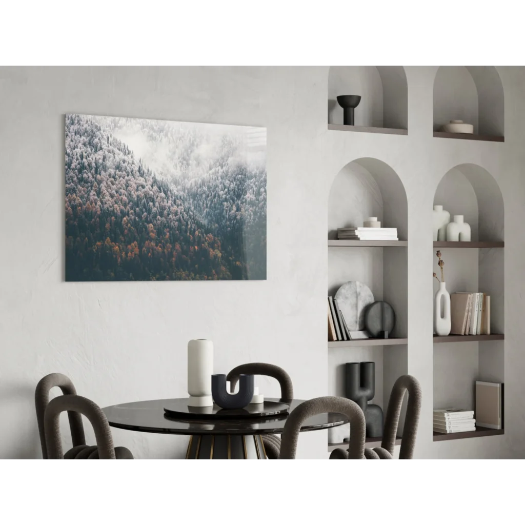 Misty Mountain Forest glass wall art print of misty autumn trees