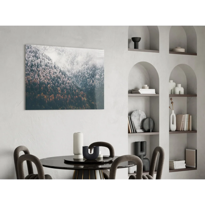 Misty Mountain Forest glass wall art print of misty autumn trees