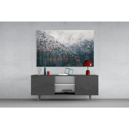 Red dome table lamp with glossy finish in Misty Mountain Forest glass wall art