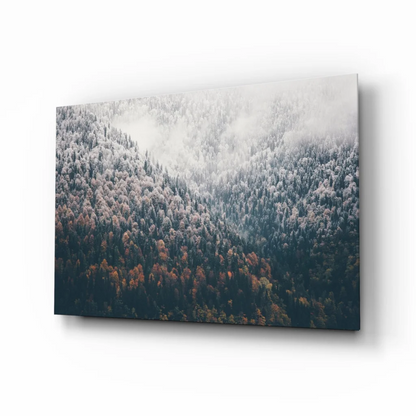 Snow-dusted forest in misty mountain glass wall art print