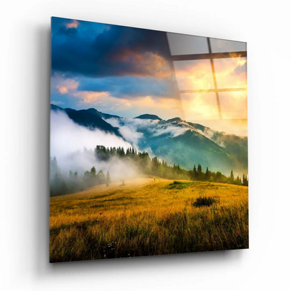 Golden grass landscape glass wall art with cross design in Misty Mountain