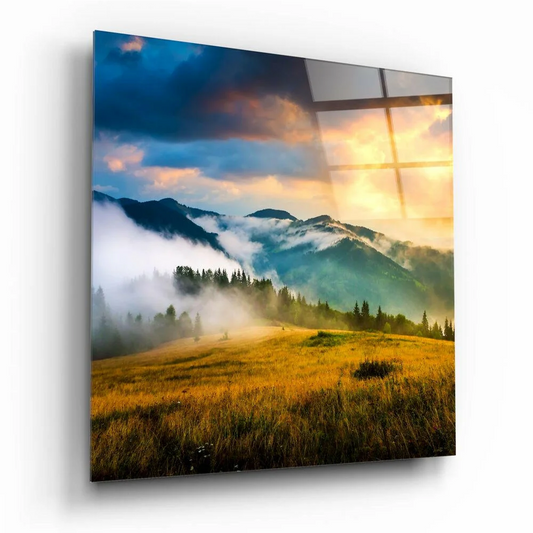 Golden grass landscape glass wall art with cross design in Misty Mountain