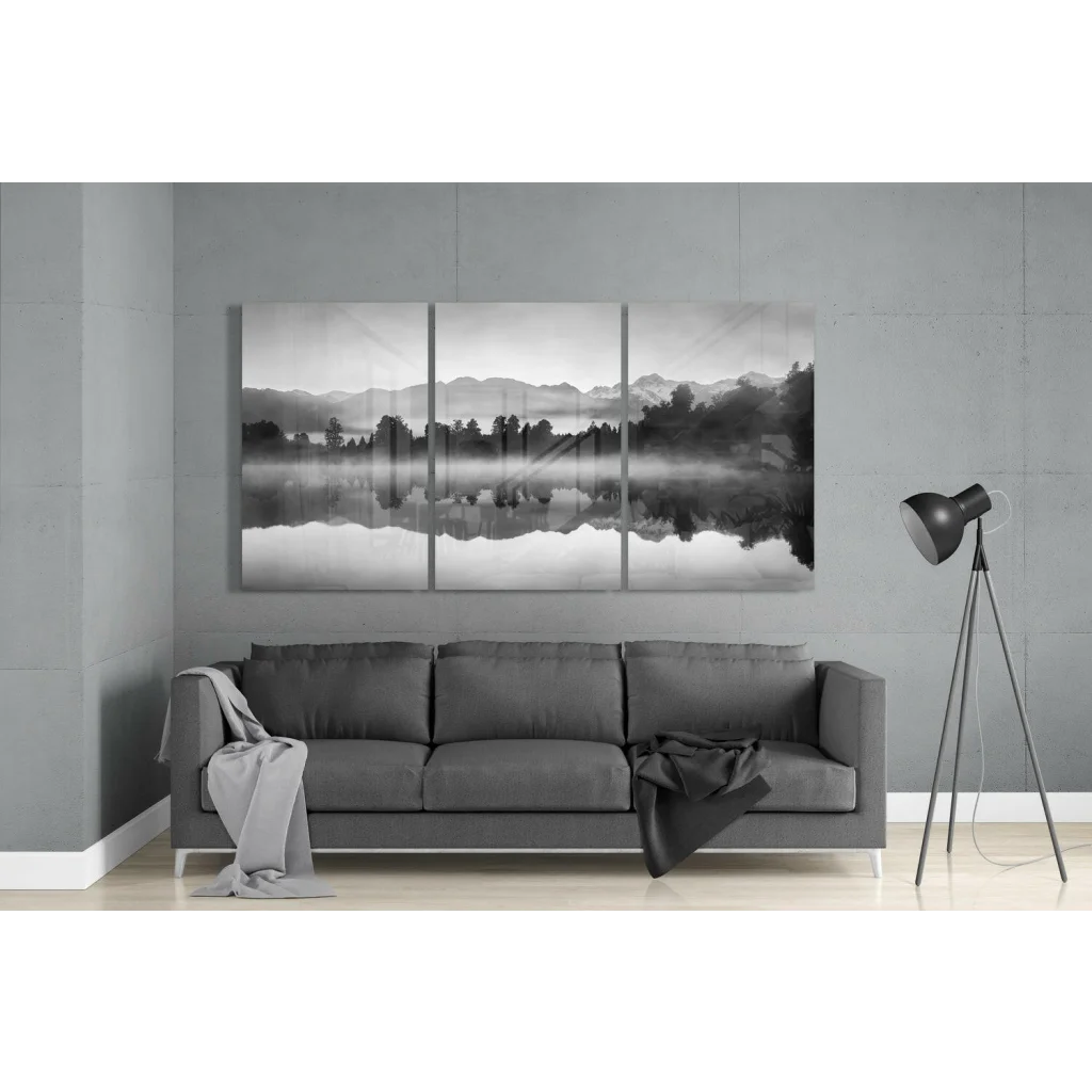 Misty Mountain Lake black-and-white glass wall art triptych with misty lake and mountain reflections